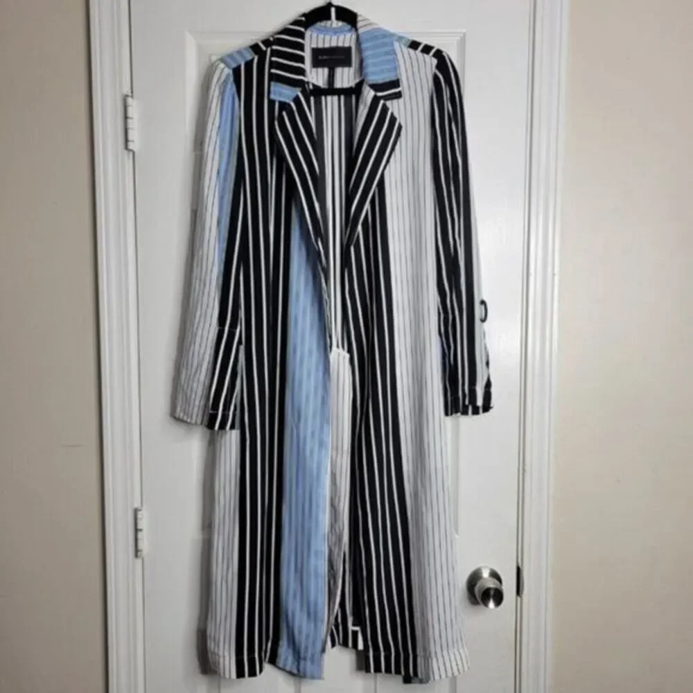 BCBGMAXAZRIA Shirt Jacket Small Black Blue Stripe Trech Belt Pockets Lightweight - Picture 2 of 11